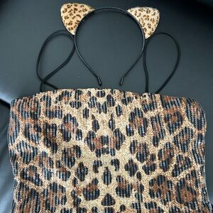 Leopard Print Sequin Top size S with Cat Ear Headband Set